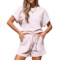 thumbnail image 1 of Stichou Women's Summer 2 Piece Outfits Striped Short Sleeve Top and Drawstring Shorts Loungewear Matching Set Pink XL, 1 of 4