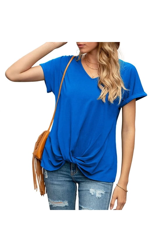 Women's Summer 2026 Casual Tunic Tops Short Sleeve Blouse Front Twist Tops Tee For Leggings Blue XL