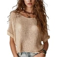 thumbnail image 1 of Stichou Women's Summer Crochet Tops Half Sleeve Knit Sweater Hollow Out 2026 Beach Vacation Clothes Casual Spring Outfits Beige L, 1 of 4