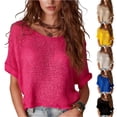 thumbnail image 1 of Stichou Women's Summer Crochet Tops Half Sleeve Knit Sweater Hollow Out 2026 Beach Vacation Clothes Casual Spring Outfits Hot Pink M, 1 of 5