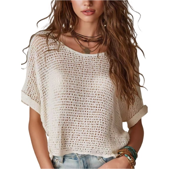 Stichou Women's Summer Crochet Tops Half Sleeve Knit Sweater Hollow Out 2026 Beach Vacation Clothes Casual Spring Outfits White XL