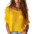 thumbnail image 1 of Stichou Women's Summer Crochet Tops Half Sleeve Knit Sweater Hollow Out 2026 Beach Vacation Clothes Casual Spring Outfits Yellow XS, 1 of 4