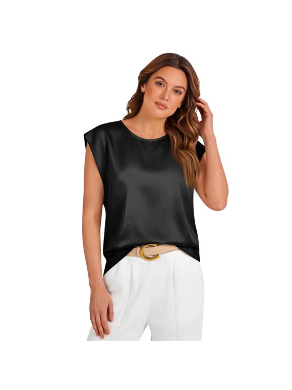 Women's Summer Spring Silk Satin Shirt Sleeveless Blouse Boat Neck Basic Casual Tank Top Shell Clothes Black S