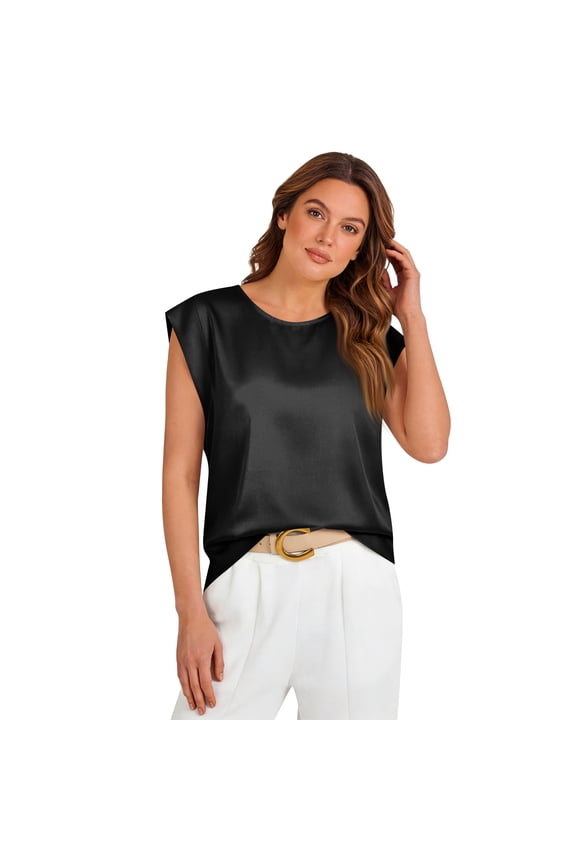 Women's Summer Spring Silk Satin Shirt Sleeveless Blouse Boat Neck Basic Casual Tank Top Shell Clothes Black S