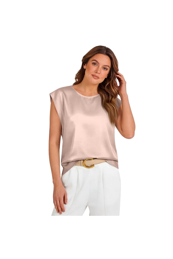 Women's Summer Spring Silk Satin Shirt Sleeveless Blouse Boat Neck Basic Casual Tank Top Shell Clothes Pink L