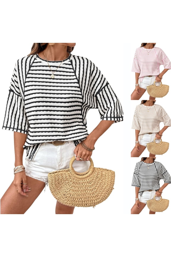 Women's Summer Tops 2026 Oversized Tshirts Spring Fashion Clothes Striped Color Block Short Sleeve T Shirts Crewneck Casual Tee Blouses Black S