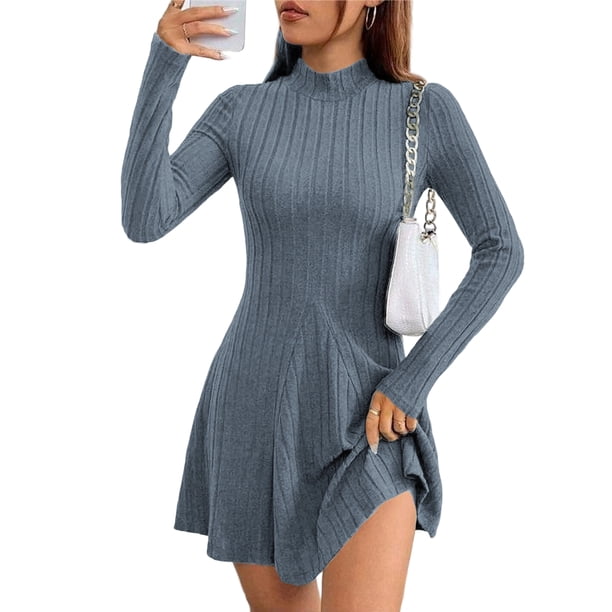 Stichou Women's Sweater Dress Crochet Ribbed Knit Ruffle Hem Flared Long Sleeve Mock Neck Mini Dress Blue M
