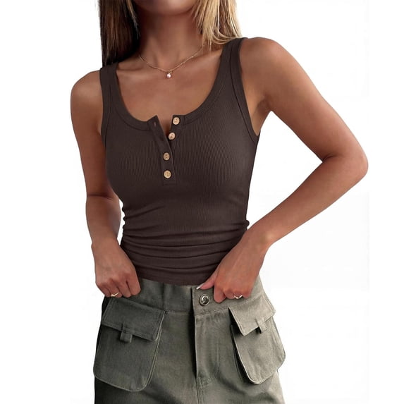 Stichou Women's Tank Tops Summer Spring Basic Ribbed Henley Slim Fitted Sleeveless Cami Shirts Button Up Workout Casual Outfits Army Green L
