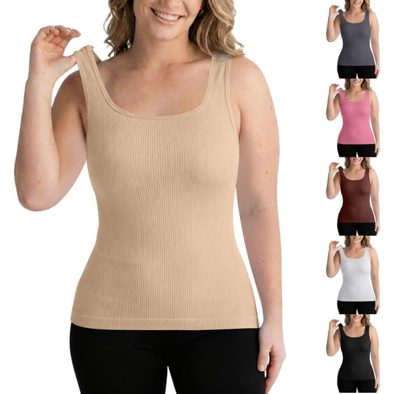 Stichou Women's Tank Tops Summer Square Neck Workout Cropped Ribbed Spring Camisole Sleeveless Clothes Beige 2XL