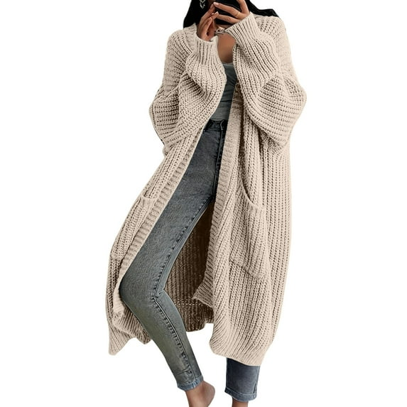 Stichou Women's Thin Type Stylish Cable Knit Cardigan with 2-Pockets, Women's Extra Long Ankle Length Sweater Beige S