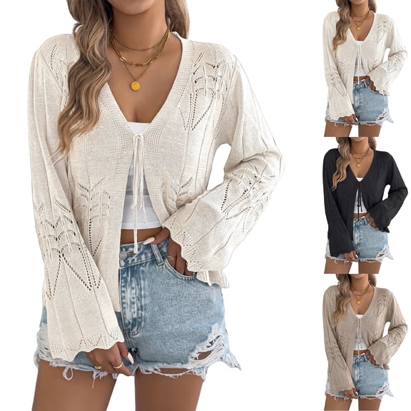 Stichou Women's Tie Front Lightweight Summer Beach Cardigan Sweaters Long Bell Sleeve V Neck Knit Cropped Vacation Tops Beige L