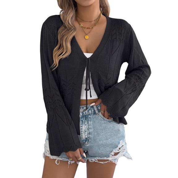 Stichou Women's Tie Front Lightweight Summer Beach Cardigan Sweaters Long Bell Sleeve V Neck Knit Cropped Vacation Tops Black L