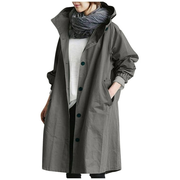 Stichou Women's Trench Coats Rain Jacket Loose Winter Hooded Overcoat Casual Windbreaker Comfortable Outwear with Pockets Dark Gray 5XL