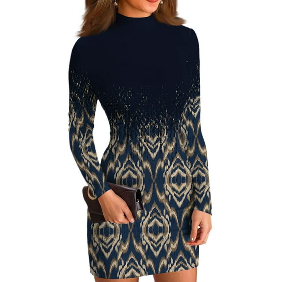 Stichou Women's Turtle Neck Color Block Print High Neck Long Sleeve Bodycon Dress Casual Fitted Mini Tight Dresses Navy S