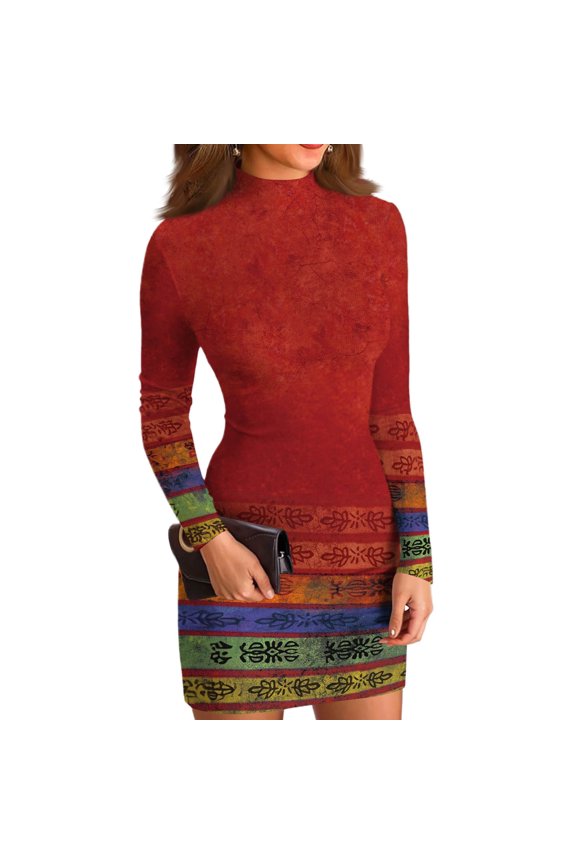 Women's Turtle Neck Western Print High Neck Long Sleeve Bodycon Dress Casual Fitted Mini Tight Dresses Red S