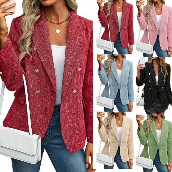 Stichou Women's Tweed Blazers Business Casual - Long Sleeve Double Breasted Jackets Open Front Work Suits Red L