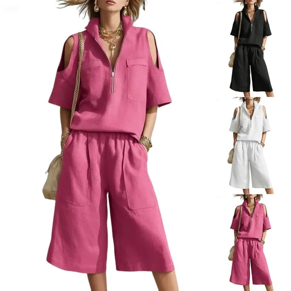 Stichou Women's Two Piece Short Sets Summer Lounge Sweatsuits Vacation Cold Shoulder Short Sleeve Outfits Travel Tracksuit Red L