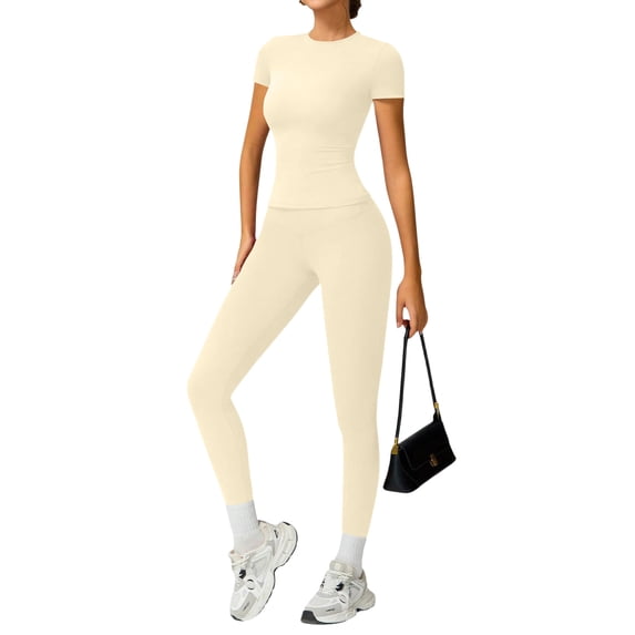 Stichou Women's Two Piece Workout Sets Athletic Slim Fit Yoga Outfits Cap Sleeve Lounge Sets 2026 Sport Butt Lifting Leggings Set Beige XL