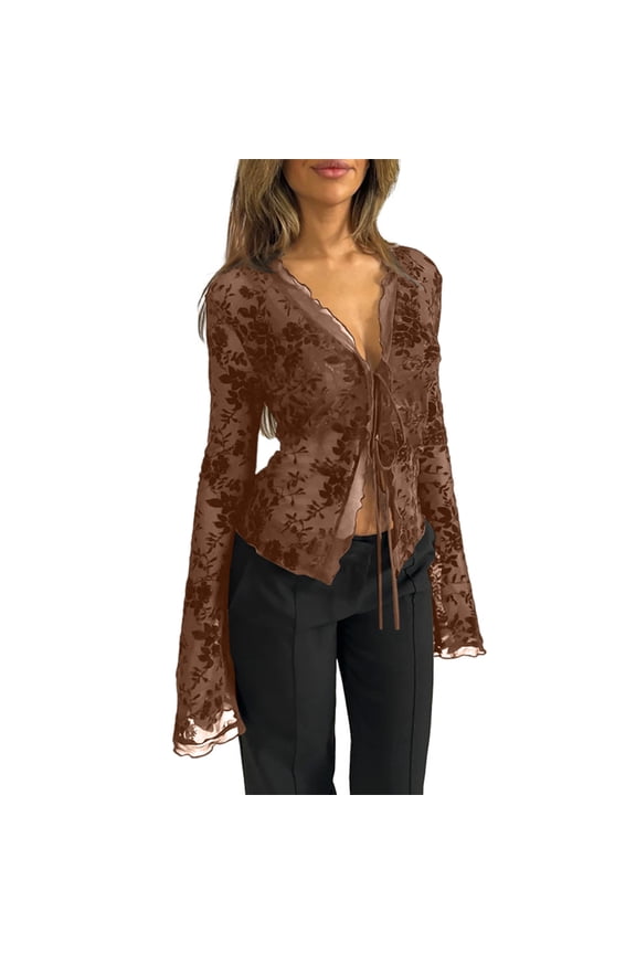 Women's V Neck Lace Sheer Top 2026 Spring Summer Mesh See Through Shirts Open Front Tie Long Sleeve Blouses Y2k Going Out Tops Brown S