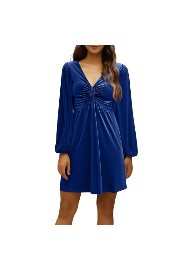 Women's V Neck Velvet Dress Front Ruffle 2025 Long Sleeve Wedding Guest Short Wrap Formal Dress Blue L