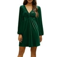 thumbnail image 1 of Stichou Women's V Neck Velvet Dress Front Ruffle 2025 Long Sleeve Wedding Guest Short Wrap Formal Dress Dark Green L, 1 of 5
