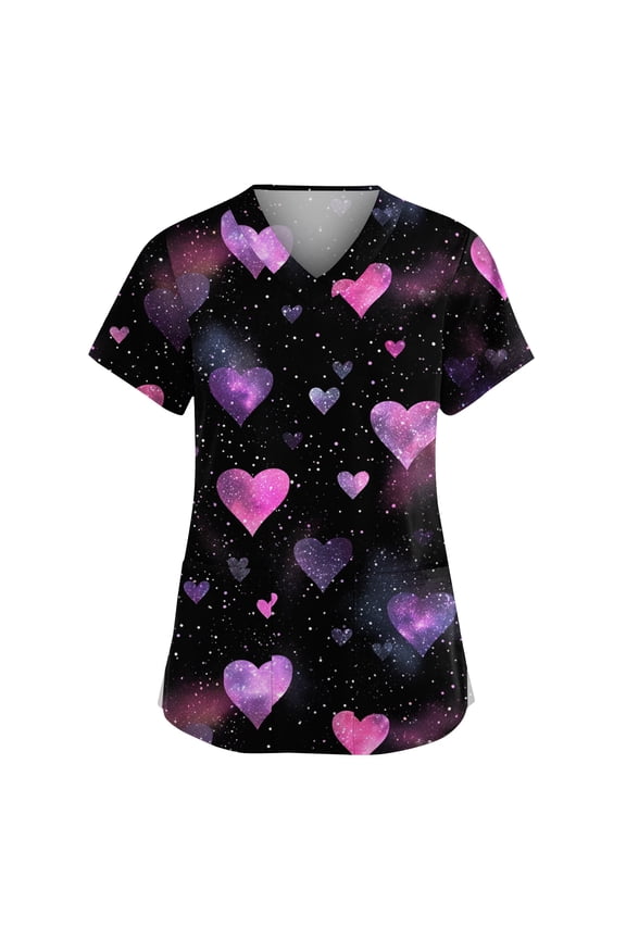 Women's Valentines Scrub Tops Plus Size Love Heart Graphic Funny Short Sleeve Nurse Uniforms Lightweight V-Neck Workout T Shirts with Pockets Navy 5XL