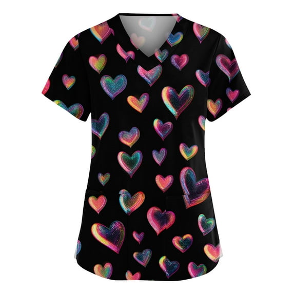Stichou Women's Valentines Scrub Tops Plus Size Love Heart Graphic Holiday Short Sleeve Medical Nursing Uniforms Comfort V Neck Workout Clothes with Pockets Navy S