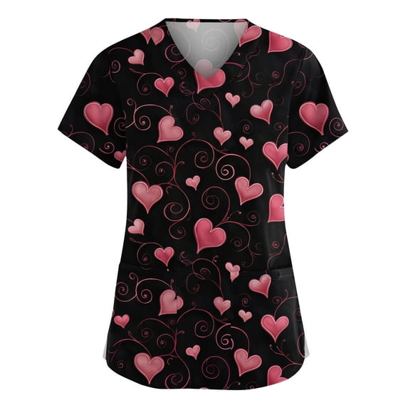 Stichou Women's Valentines Scrub Tops Plus Size Love Heart Graphic Holiday Short Sleeve Working Uniforms Soft V-Neck Workout T Shirts with Pockets Pink 2XL