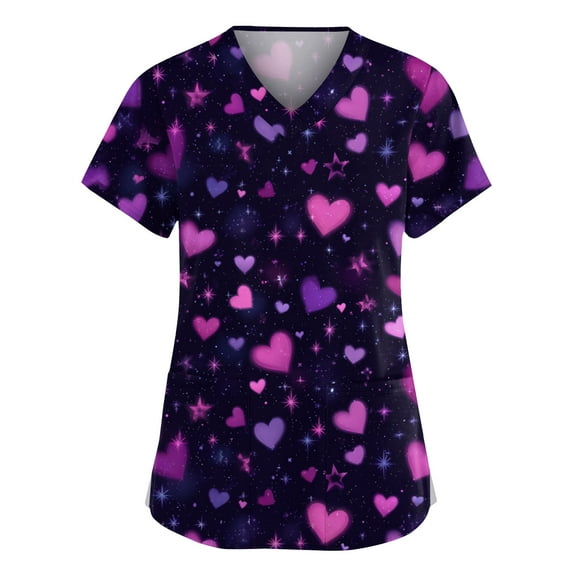 Stichou Women's Valentines Scrub Tops Plus Size Love Heart Print Holiday Short Sleeve Nurse Working Uniforms Comfort V-Neck Casual T Shirts with Pockets Purple 2XL
