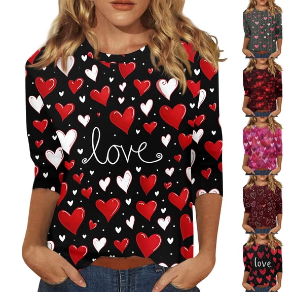 Stichou Women's Valentines Tops Cute Love Heart Print Shirts Casual 3/4 Sleeve Blouse Holiday Crewneck Clothes Red L