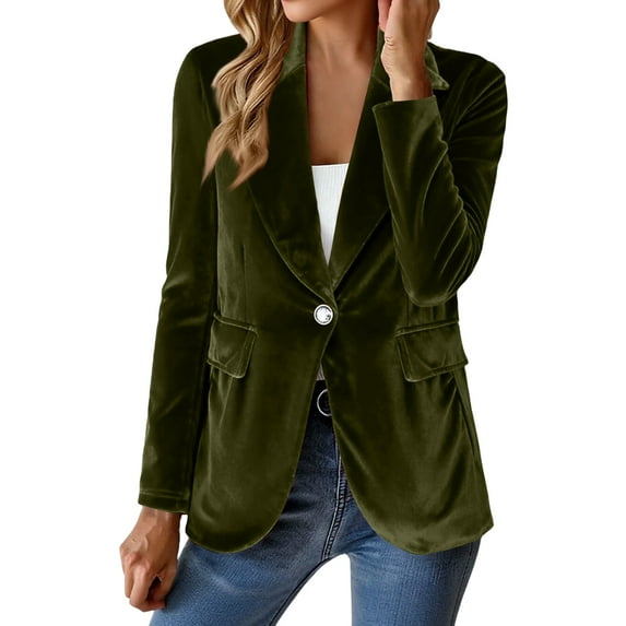 Stichou Women's Velvet Blazer Suit Jackets, 2025 Vintage Velvet Jacket, Business Casual Button up Fall Winter Outerwear Army Green S