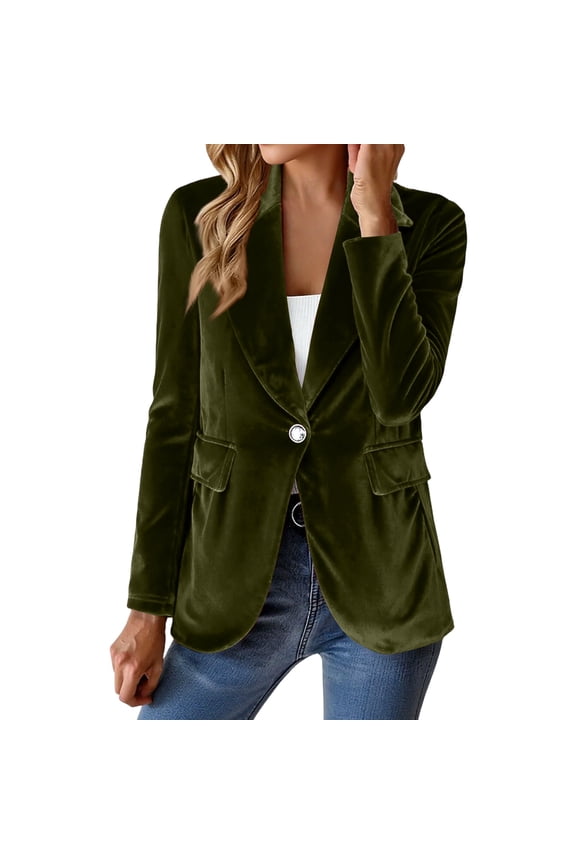 Women's Velvet Blazer Suit Jackets, 2025 Vintage Velvet Jacket, Business Casual Button up Fall Winter Outerwear Army Green S