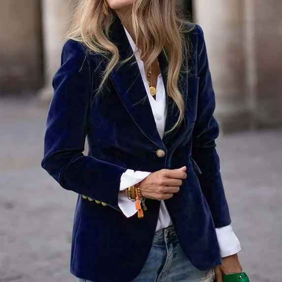 Stichou Women's Velvet Blazer Suit Jackets, 2025 Vintage Velvet Jacket, Business Casual Button up Fall Winter Outerwear Blue S