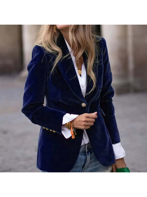 Women's Velvet Blazer Suit Jackets Business Casual Button Up 2025 Fall Winter Outerwear Work Office Coats Blue M
