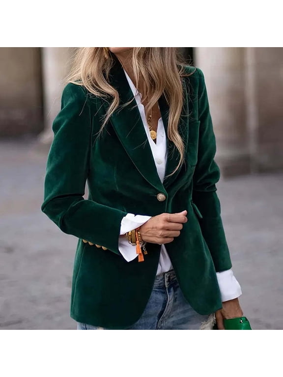 Women's Velvet Blazer Suit Jackets Business Casual Button Up 2025 Fall Winter Outerwear Work Office Coats Green M