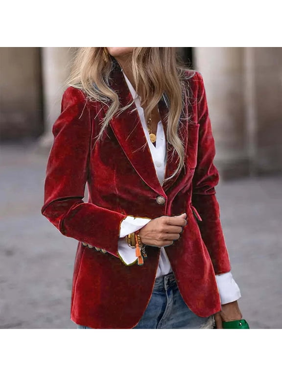 Women's Velvet Blazer Suit Jackets Business Casual Button Up 2025 Fall Winter Outerwear Work Office Coats Red M