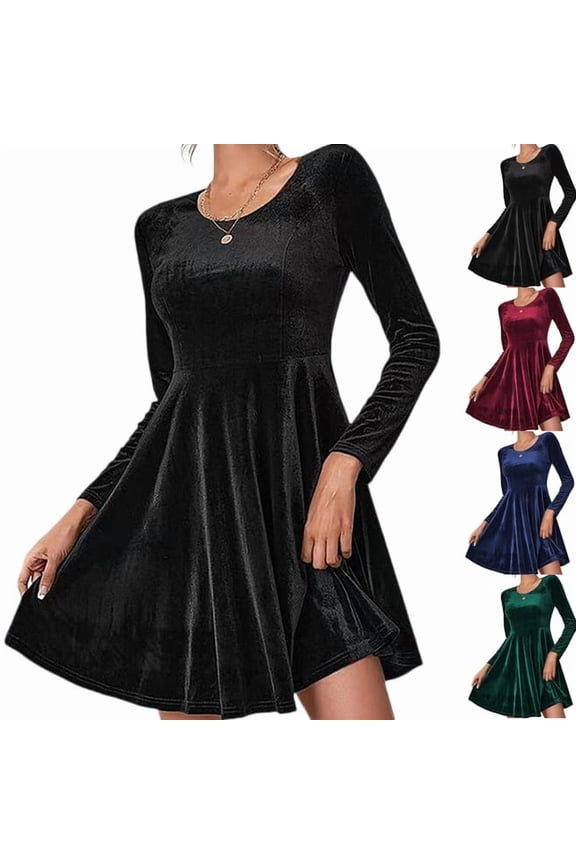Women's Velvet Dress Long Sleeve Cocktail Christmas Party Club Dresses Flare Swing Mini Prom Dress for Wedding Guest Black L