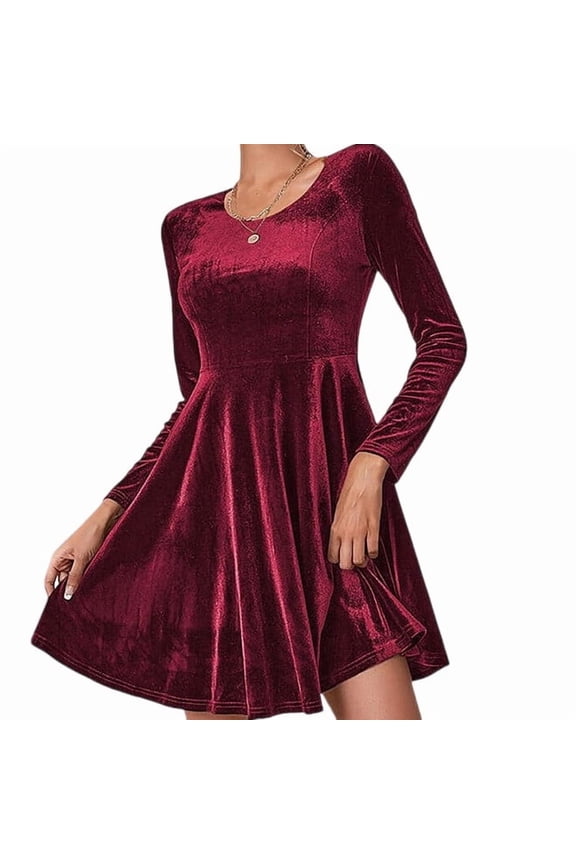 Women's Velvet Dress Long Sleeve Cocktail Christmas Party Club Dresses Flare Swing Mini Prom Dress for Wedding Guest Red L