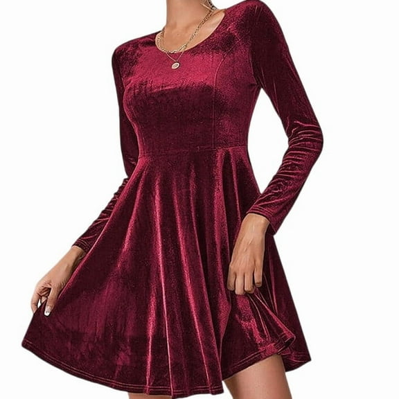 Stichou Women's Velvet Dress Long Sleeve Cocktail Christmas Party Fall Winter Dresses Flare Swing Mini Prom Dress for Wedding Guest Red M