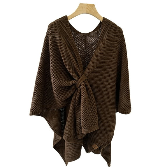 Stichou Women's Warm Knitted Poncho Cape Criss-Cross Pullover Loose Fit Shawl Overcoat For Fall Streetwear Cloak Outerwear Coffee