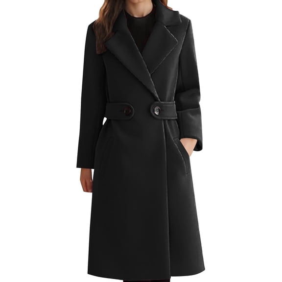 Stichou Women's Winter Classic Outwear Overcoat with Pockets Warm Pea Coat Lapel Collar Wool Blend Peacoat Black XL
