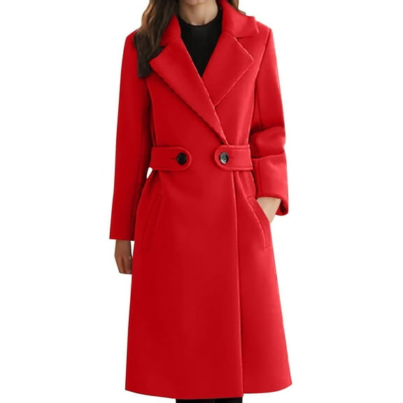 Stichou Women's Winter Classic Outwear Overcoat with Pockets Warm Pea Coat Lapel Collar Wool Blend Peacoat Red XL
