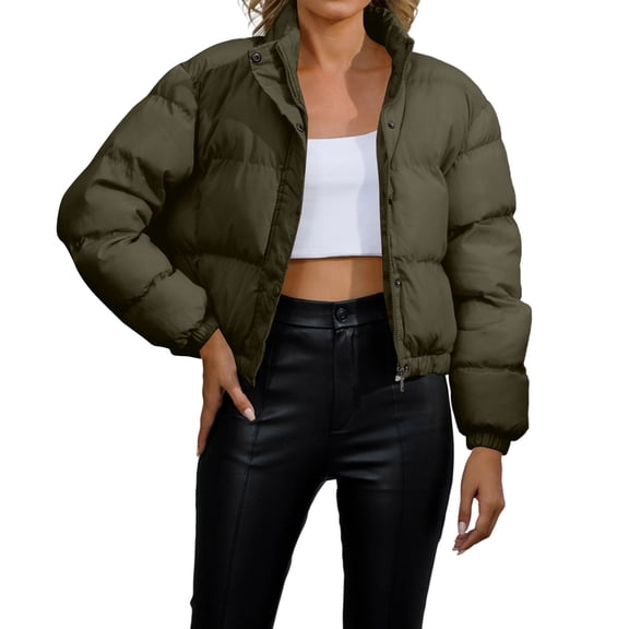 Stichou Women's Winter Cropped Puffer Jacket with Hood Waterproof Short Warm Quilted Jacket Puffy Bubble Coat Outerwear Army Green S