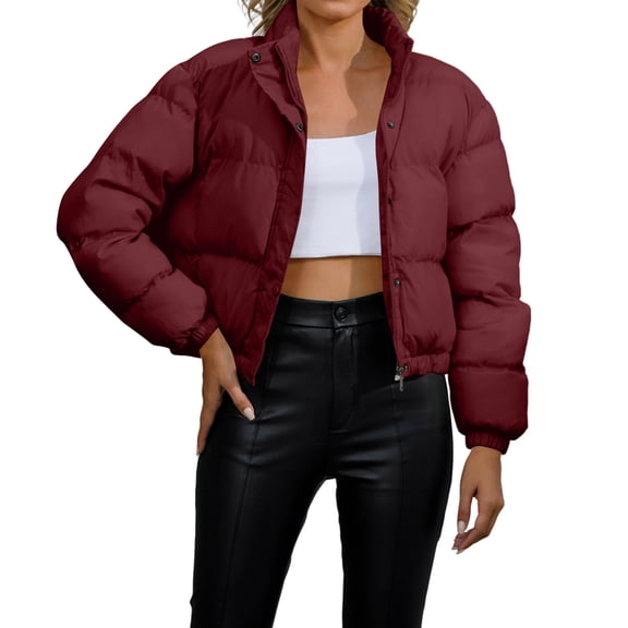 Stichou Women's Winter Cropped Puffer Jacket with Hood Waterproof Short Warm Quilted Jacket Puffy Bubble Coat Outerwear Wine S