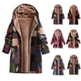 thumbnail image 1 of Stichou Women's Winter Ethnic Style Patchwork Sherpa Fleece Lined Hooded Jacket Plus Size Fluffy Warm Outwear with Pockets Navy S, 1 of 6