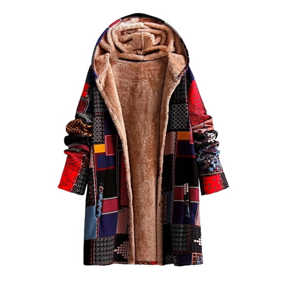 Stichou Women's Winter Ethnic Style Patchwork Sherpa Fleece Lined Hooded Jacket Plus Size Fluffy Warm Outwear with Pockets Wine S