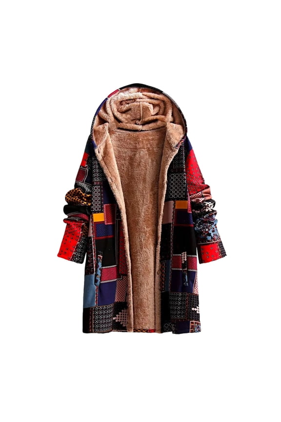 Women's Winter Ethnic Style Patchwork Sherpa Fleece Lined Hooded Jacket Plus Size Fluffy Warm Outwear with Pockets Wine S