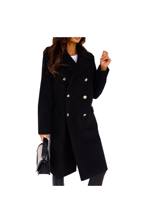 Women's Winter Jacket Double-Breasted Wool Blend Warm Long Trench Coat Black 2XL