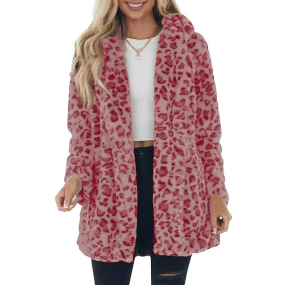 Stichou Women's Winter Jacket Open Front Coat Cardigan Vintage Western Coats Faux Fur Trim Parka Outerwear with Pockets Hot Pink S