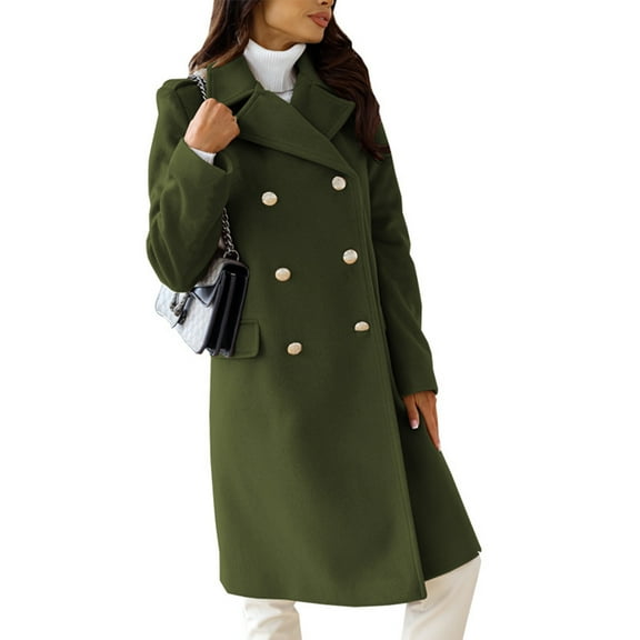 Stichou Women's Winter Lapel Double Breasted Coat Solid Wool Pea Coat Overcoat Ofiice Work Trench Coat Army Green L